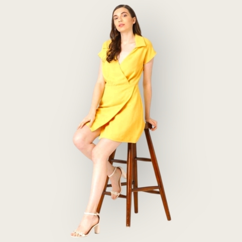 #138 Mango Ladies Minimalist Yellow Wrap Dress Size 2